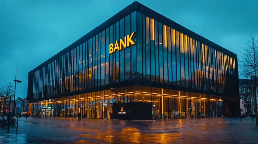 Edifício bancário contemporâneo iluminado ao entardecer
