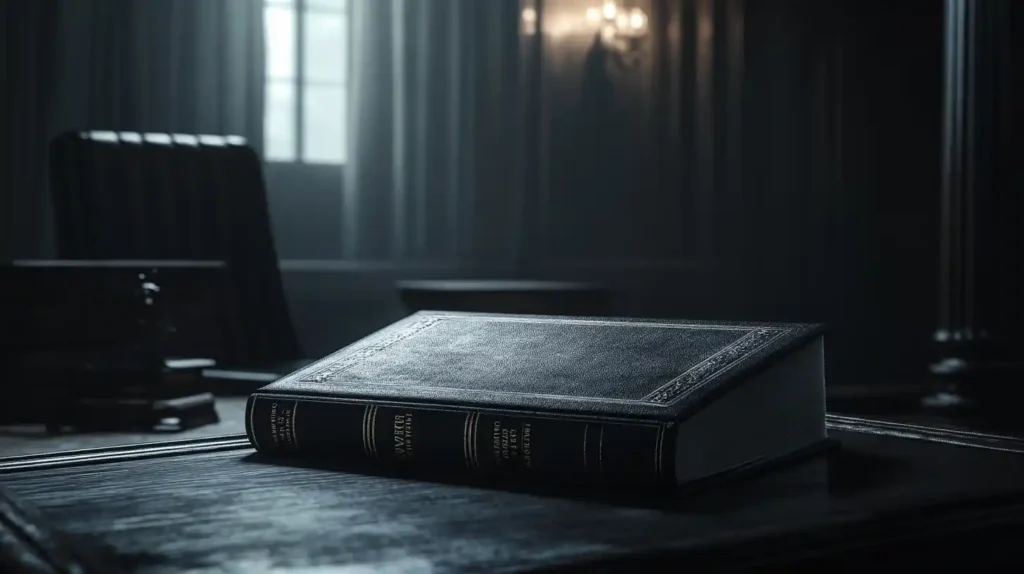 Livro jurídico aberto sobre uma mesa em ambiente de escritório