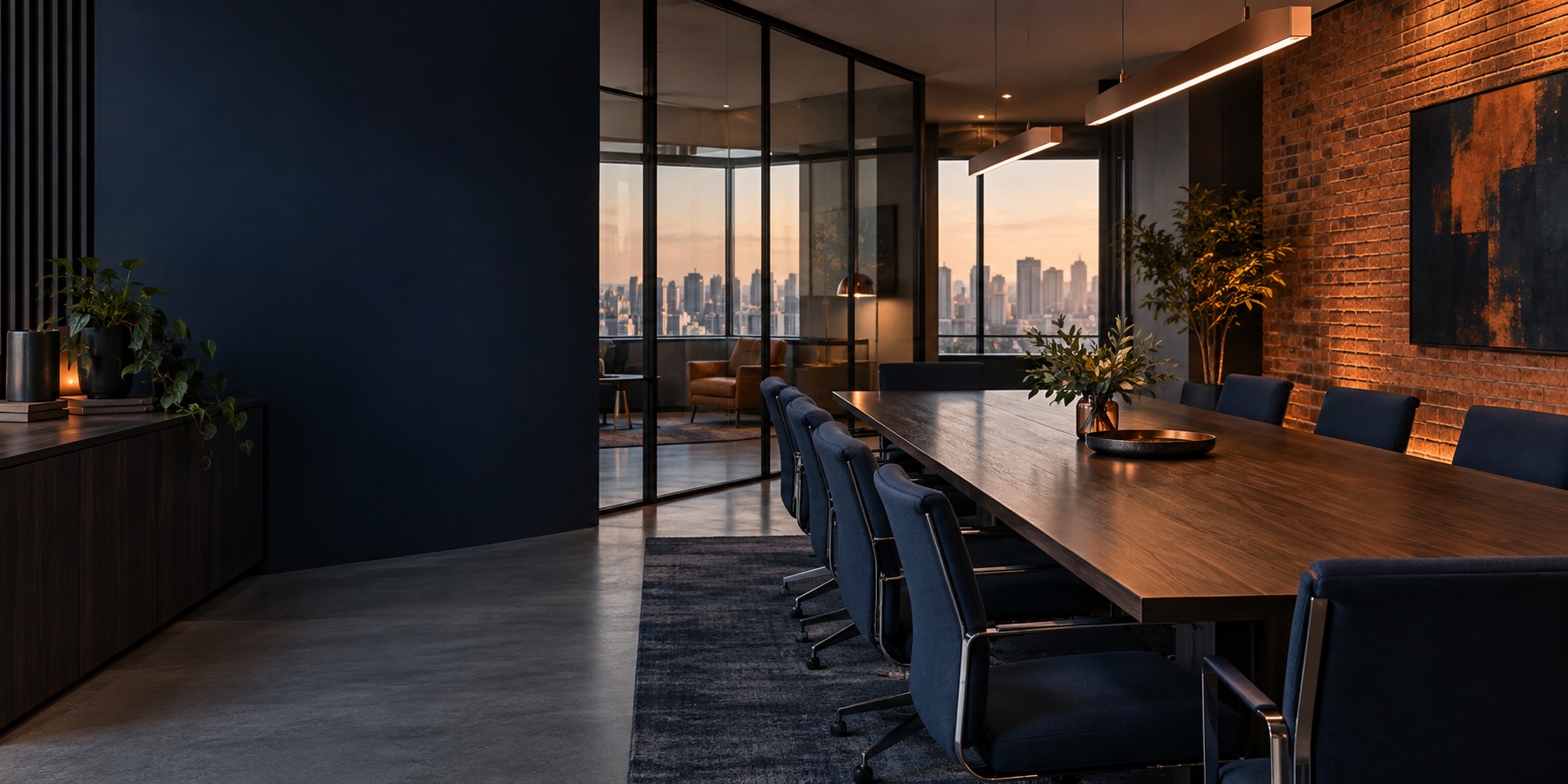 Imagem conceitual de sala de reunião com parede azul-marinho, madeira e tijolos