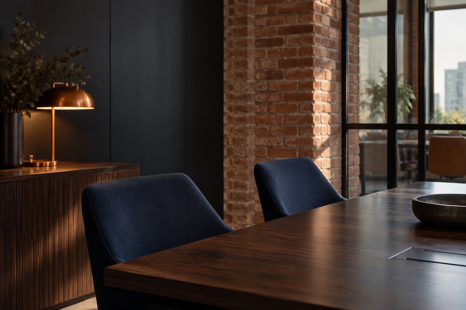 Imagem conceitual de sala de reunião com cadeiras azuis, madeira escura e tijolos